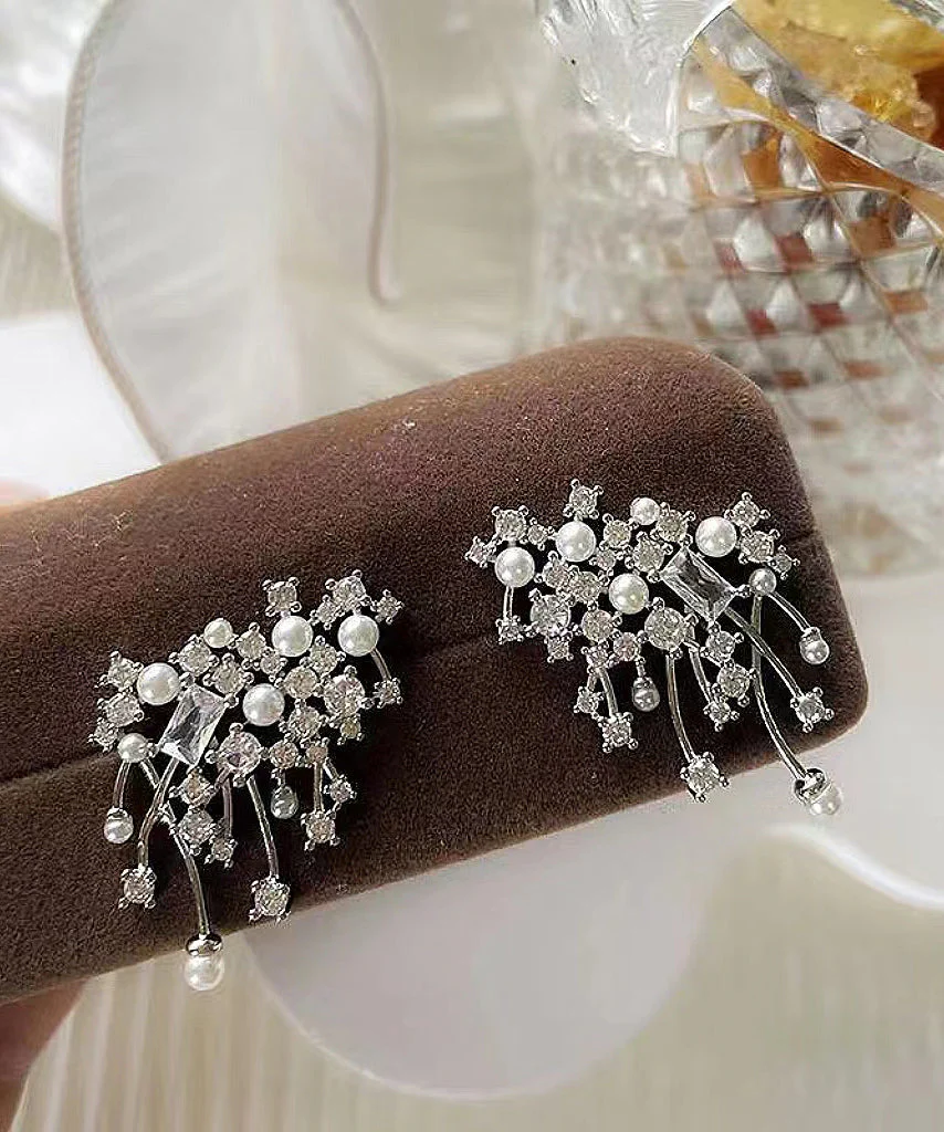 Sterling Silver Zircon Pearl Stud Earrings - Image 2