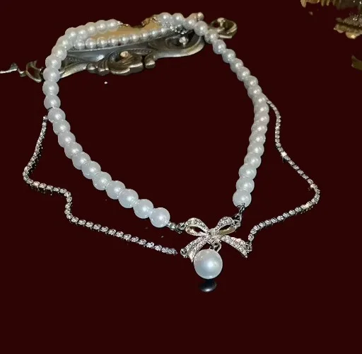 Pearl Choker with Crystal Bow Necklace - Image 2
