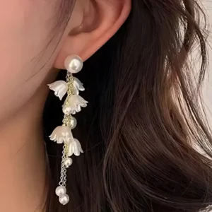 Floral Pearl and Lily Long Dangle Earrings
