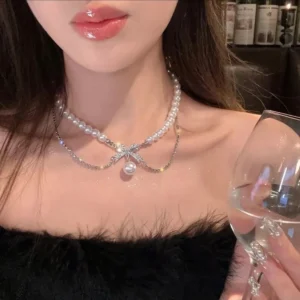 Pearl Choker with Crystal Bow Necklace