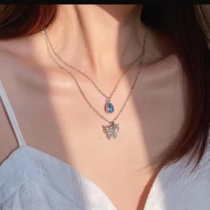 Butterfly & Blue Teardrop Pendant Necklace