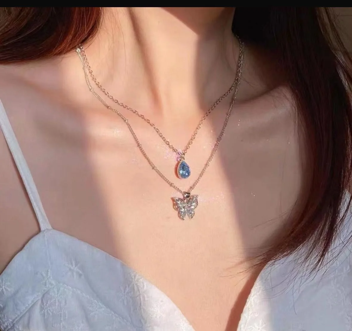 Butterfly & Blue Teardrop Pendant Necklace