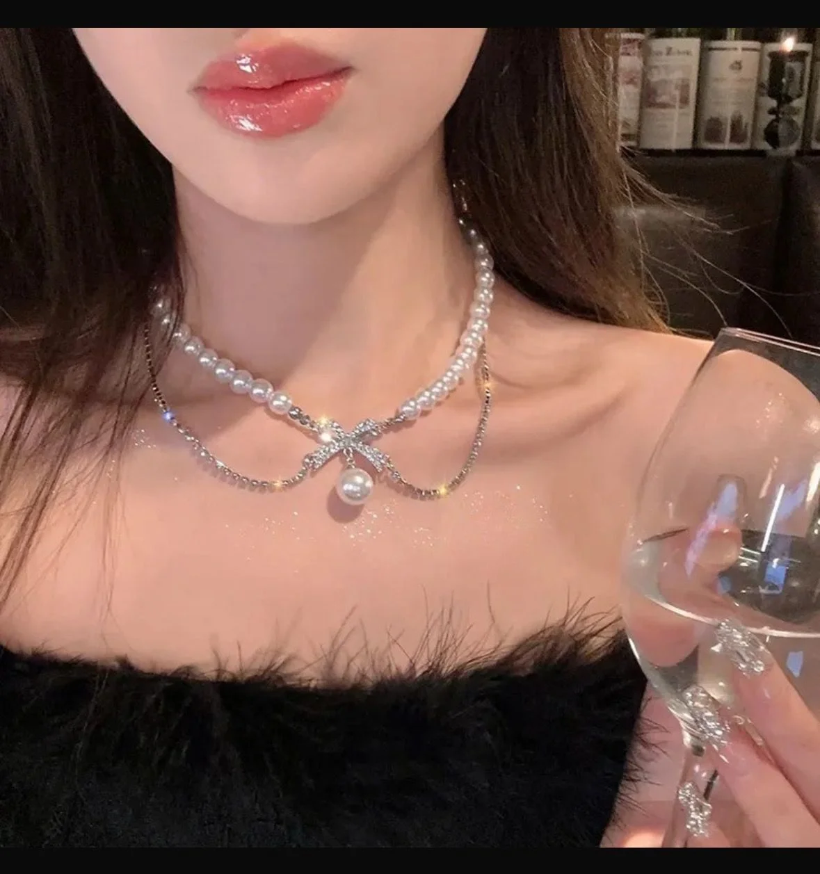 Pearl Choker with Crystal Bow Necklace