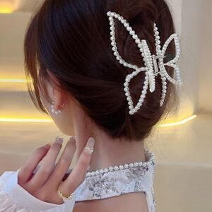 Pearl Butterfly Design Hair Claw for Elegant Bun Hairstyle